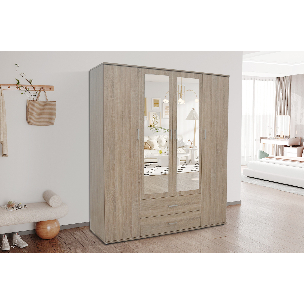Interiax Kledingkast 'Lena' – 4 Deuren, 2 Lades, 1 Hanger, 2 Spiegels & 7 Legplanken | Sonoma Eik | 185x160x52cm