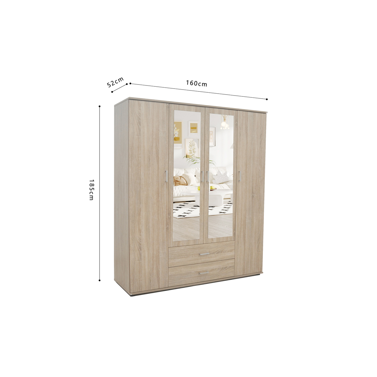 Interiax Kledingkast 'Lena' – 4 Deuren, 2 Lades, 1 Hanger, 2 Spiegels & 7 Legplanken | Sonoma Eik | 185x160x52cm