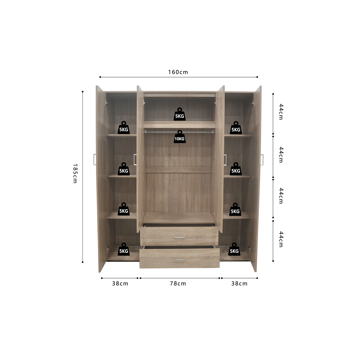 Interiax Kledingkast 'Lena' – 4 Deuren, 2 Lades, 1 Hanger, 2 Spiegels & 7 Legplanken | Sonoma Eik | 185x160x52cm