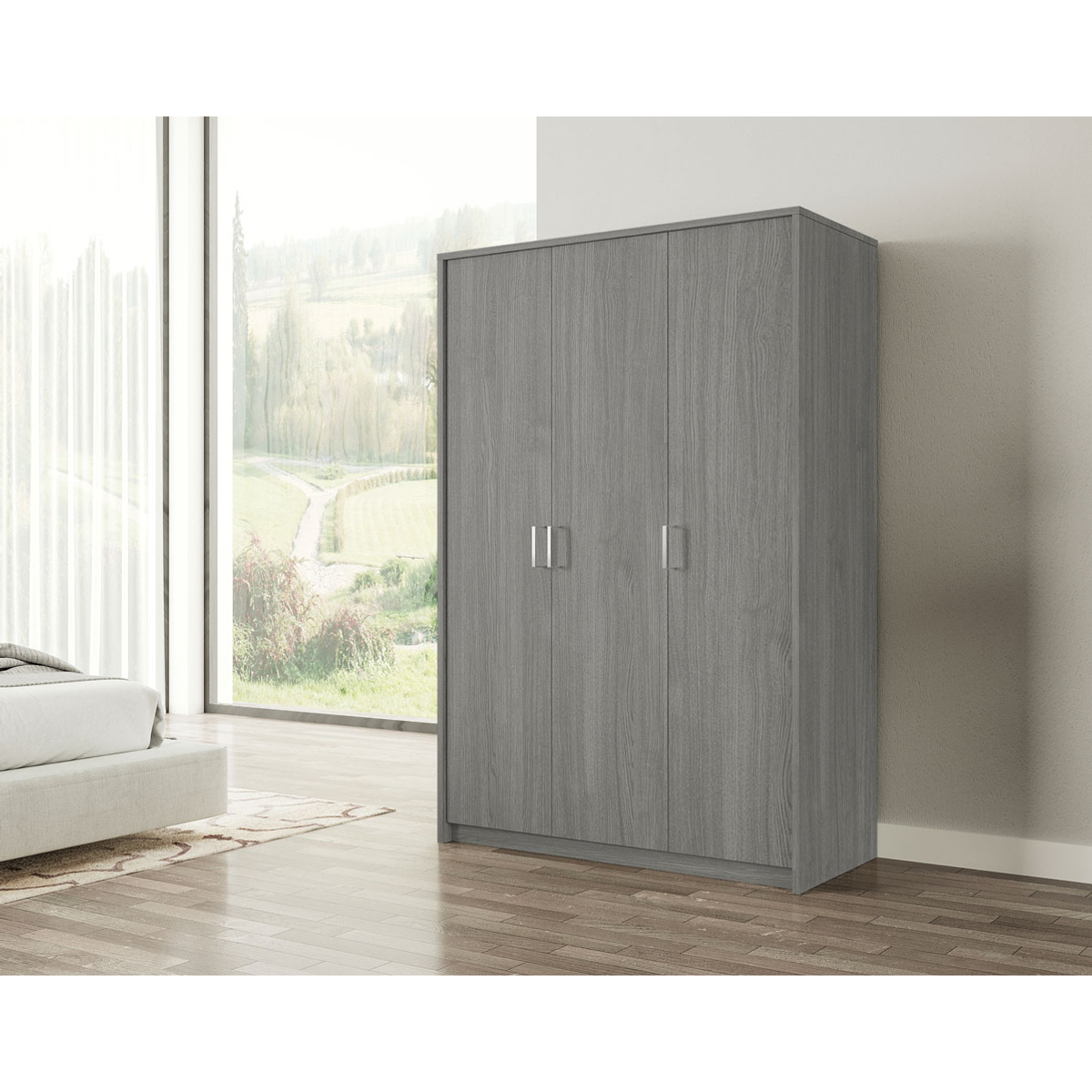 Interiax Kledingkast 'Amelie' – 3 Deuren, 1 Hanger & 4 Legplanken | Grijze Eik | 180x120x54 cm