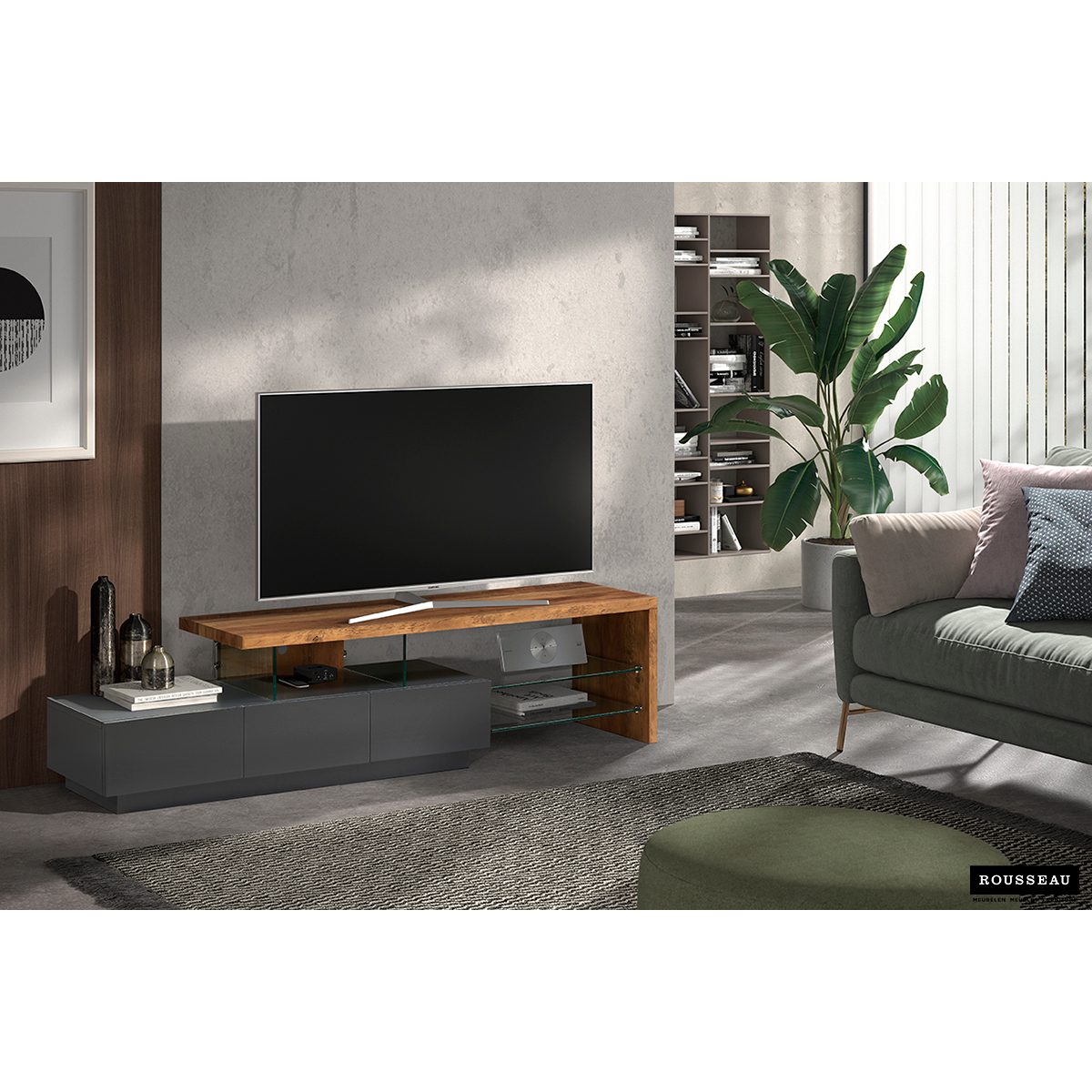 Tv-meubel Dee - Grijs Mat/Walnoot (180x40x45cm)