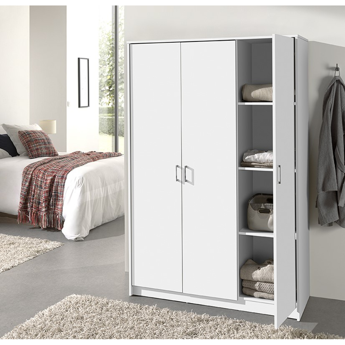 Interiax Kledingkast 'Amelie' – 3 Deuren, 1 Hanger & 4 Legplanken | Wit | 180x120x54 cm