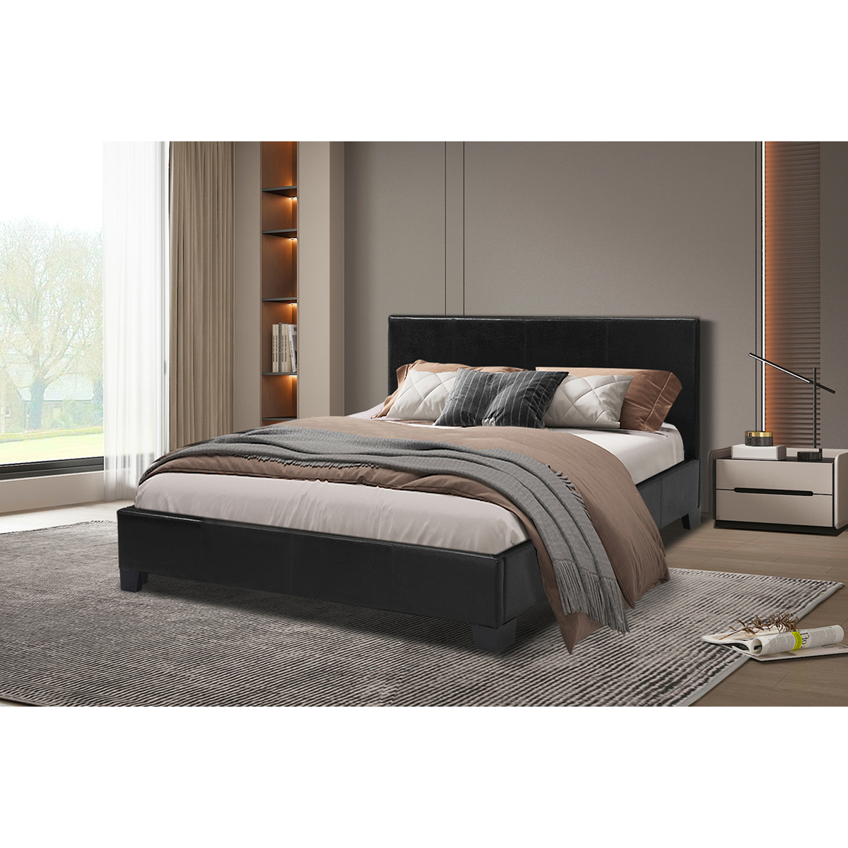 Interiax George Bed - Zwart PU Leder - 140x200 cm - Inclusief Lattenbodem