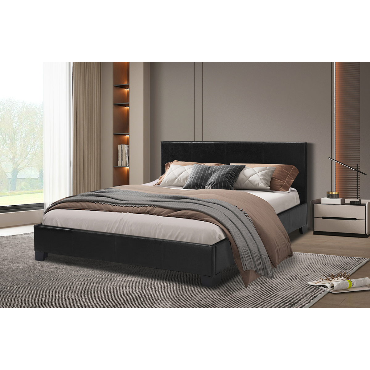 Interiax George Bed - Zwart PU Leder - 160x200 cm - Inclusief Lattenbodem