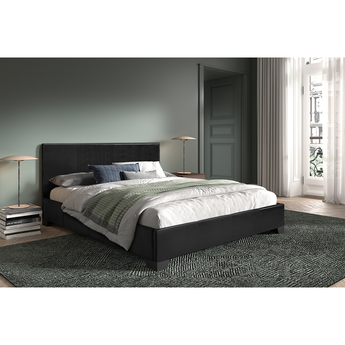 Interiax George Bed - Zwart PU Leder - 160x200 cm - Inclusief Lattenbodem