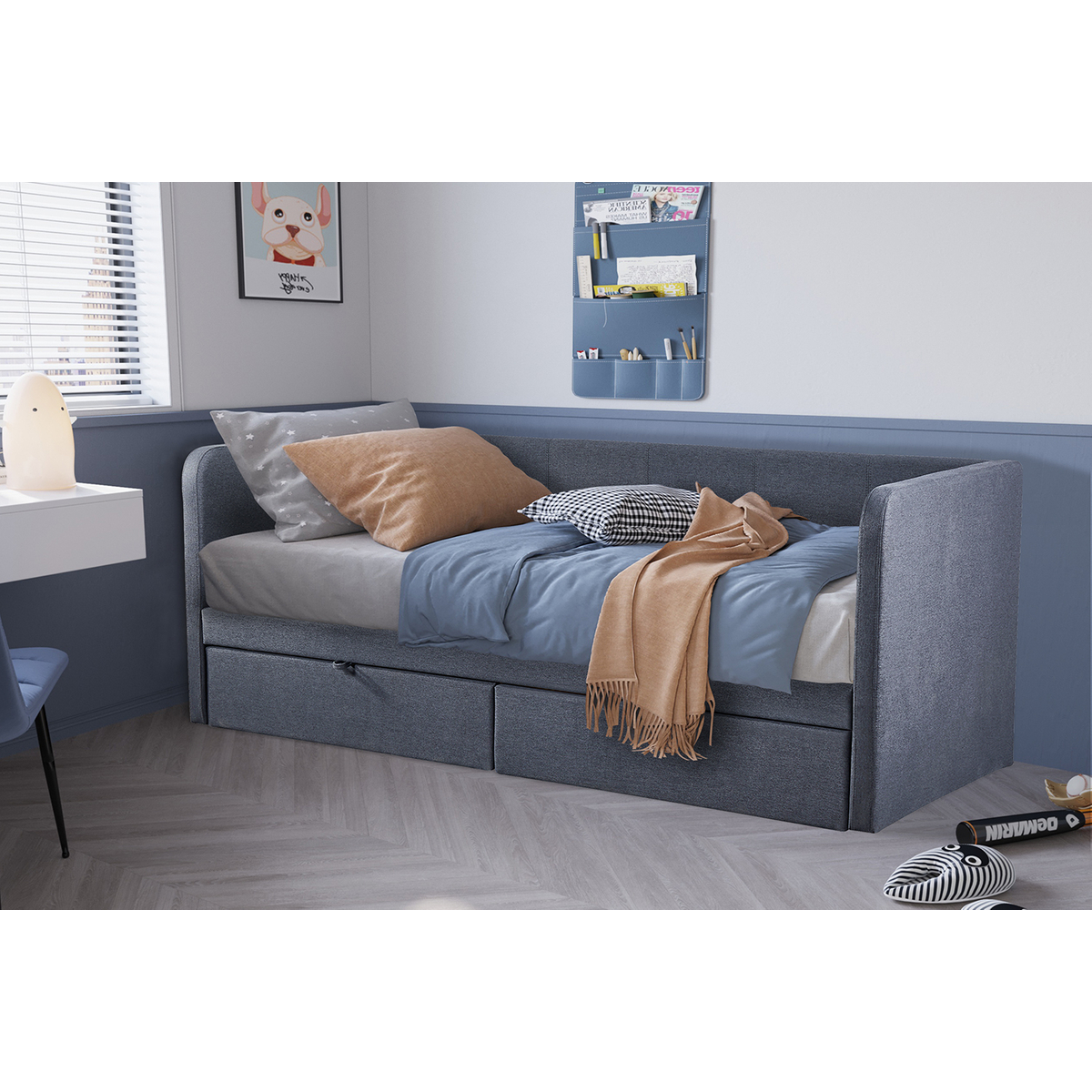 Interiax Liam Bed - Grijs Stof - 90x200cm - 2 schuiven
