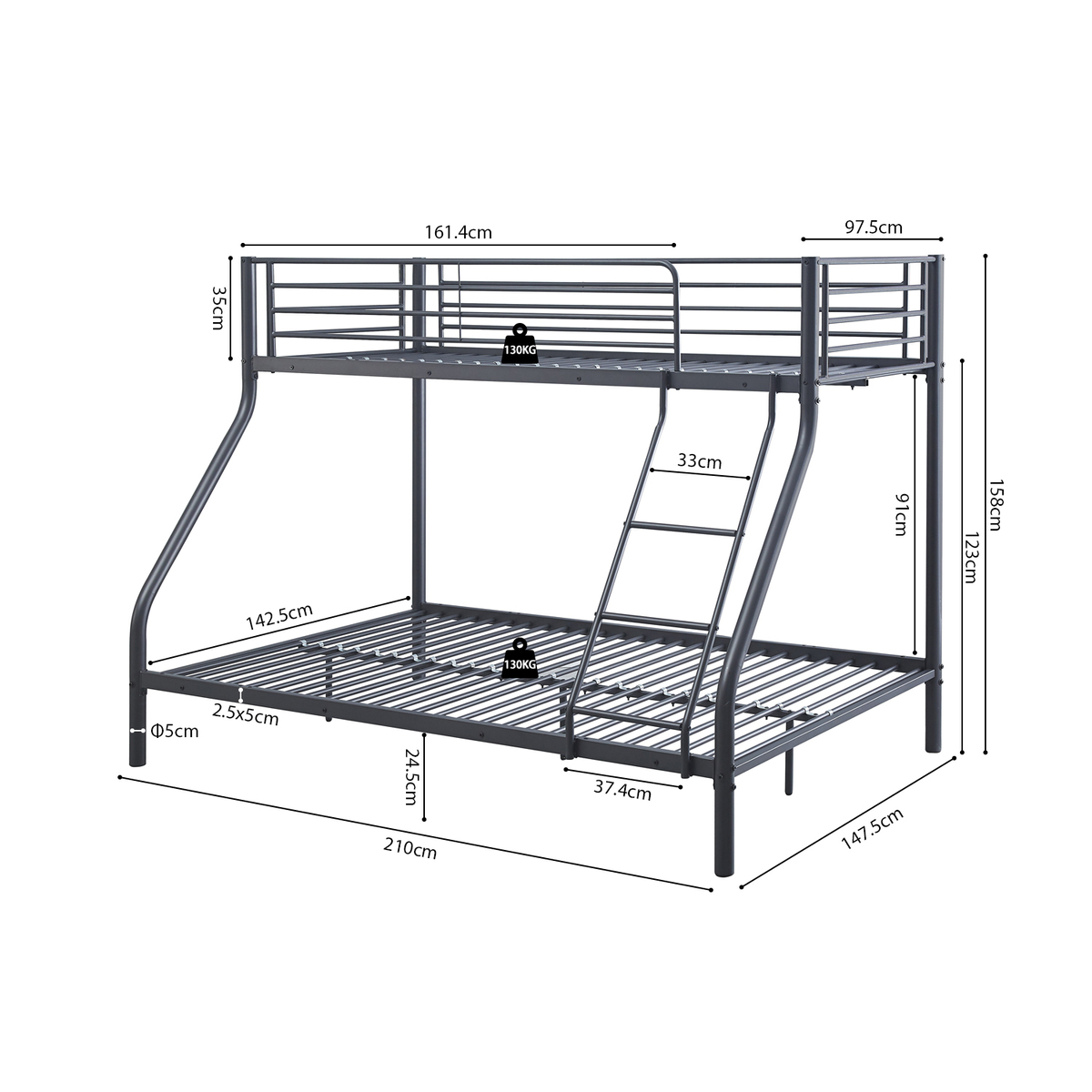 Interiax Trio Stapelbed - Metaal Donkergrijs - 140/90x200 cm - Inclusief Lattenbodems 