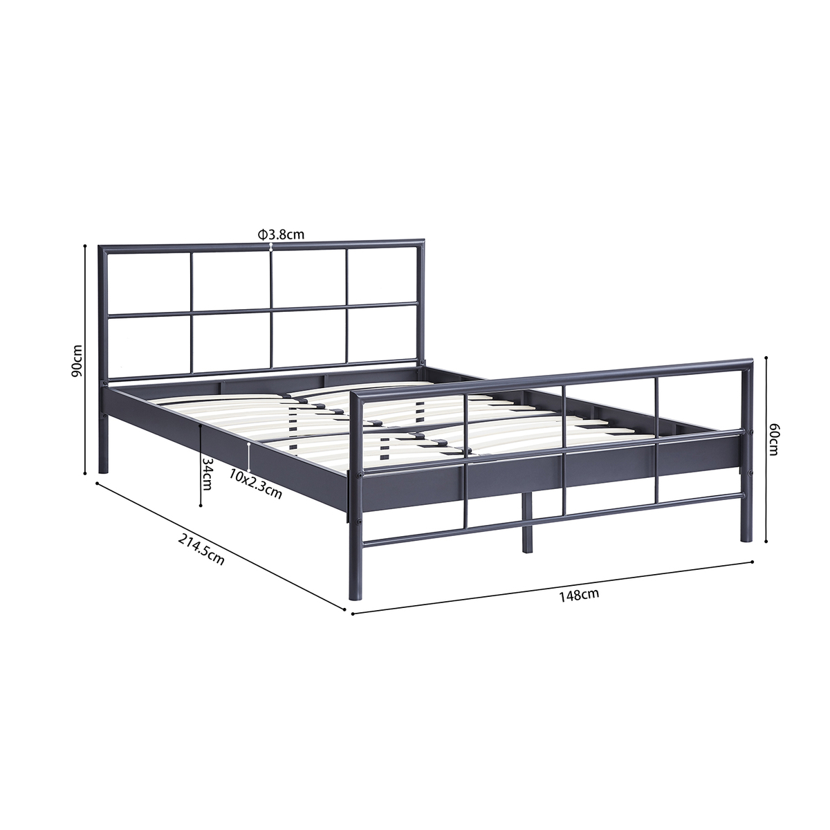 Interiax Lucas Bed - Metaal Donkergrijs - 140x200 cm - Inclusief Lattenbodem 