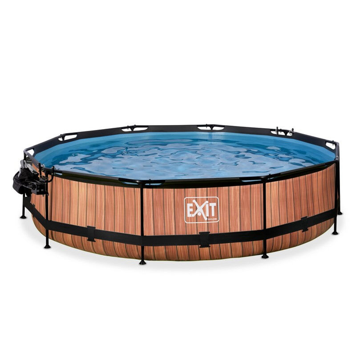 EXIT Wood zwembad ø360x76cm met overkapping, schaduwdoek en filterpomp - bruin
