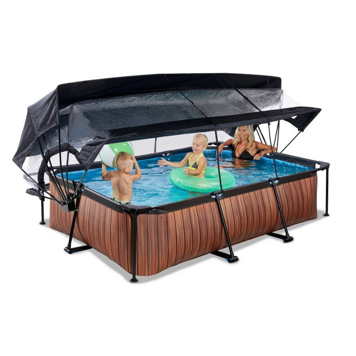 EXIT Wood zwembad 300x200x65cm met overkapping, schaduwdoek en filterpomp - bruin