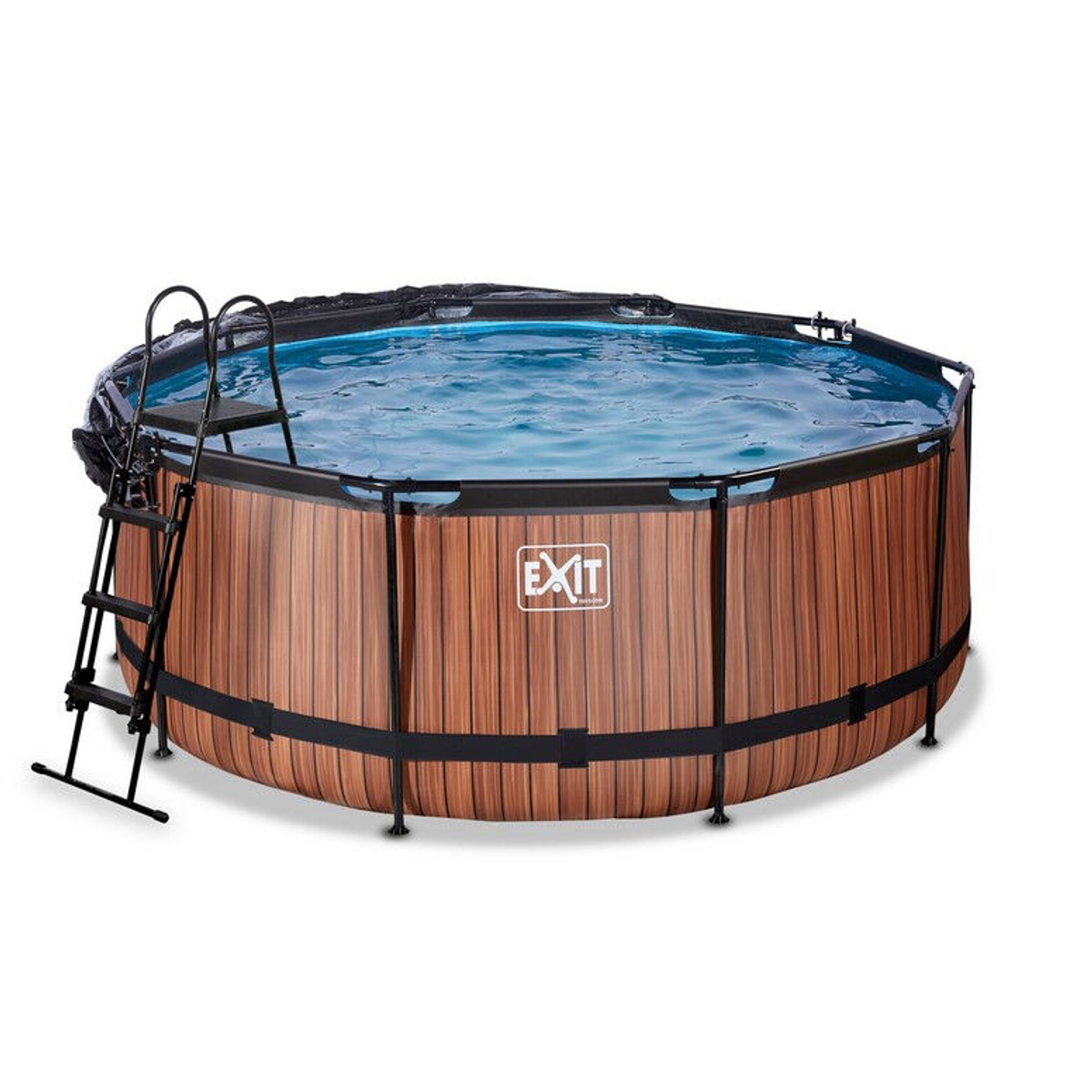 EXIT Wood zwembad Ã¸360x122cm met overkapping en zandfilterpomp - bruin