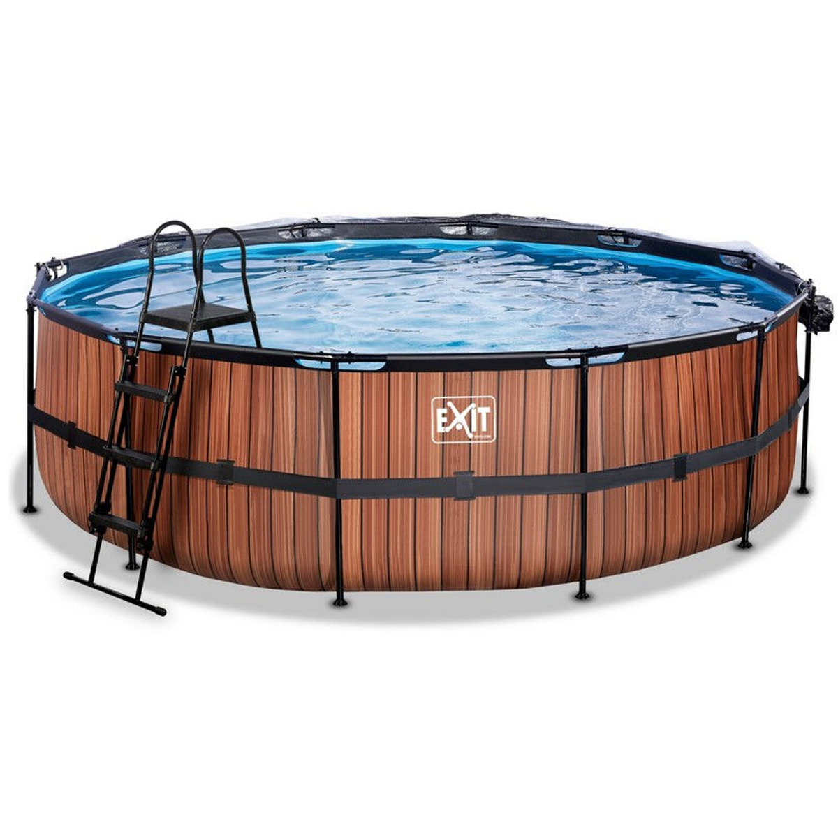 EXIT Wood zwembad Ã¸488x122cm met overkapping en zandfilterpomp - bruin